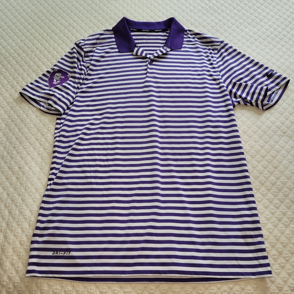 Nike Golf Dri-fit Victory Polo Men M Short Sleeve Purple Stripes Lion Logo